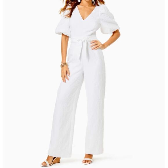 Lilly Pulitzer Kirrabelle Resort White Short Puff Sleeves Wide Leg Jumpsuit 4 - Picture 13 of 13